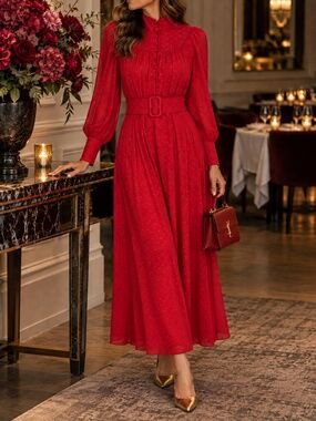 Rotate Birger Christensen Red Long-Sleeve Belted Maxi Dress